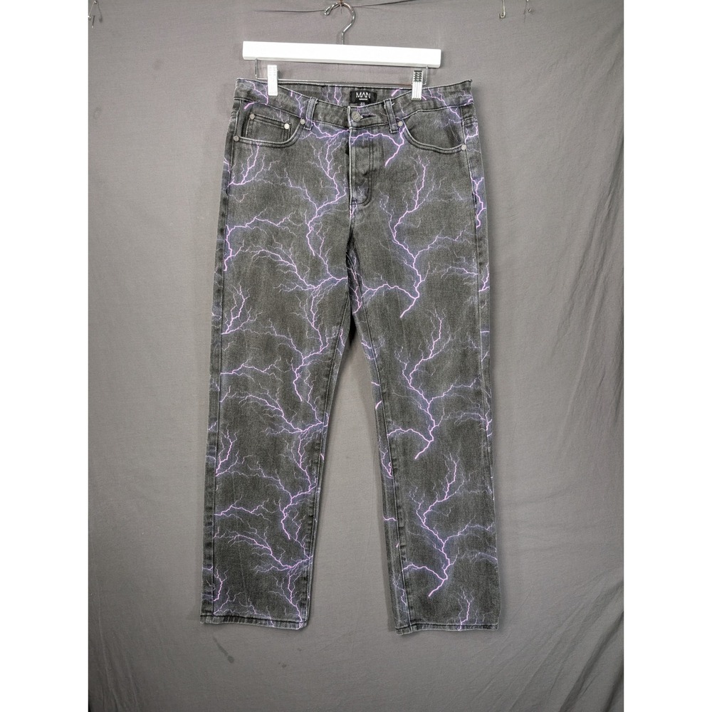 boohooMAN Mens Gray Purple Lightning Bolt Print Jeans Size 32 Straight Leg Denim
